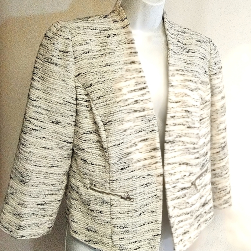 Cynthia Rowley Crop Jacket Blazer Black White 3/4 Sleeve Size M